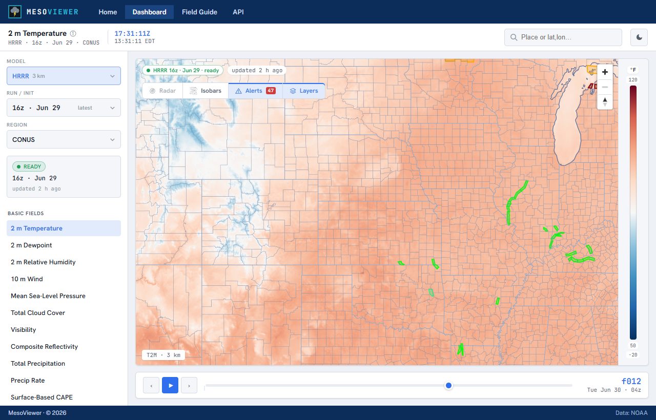 The MesoViewer dashboard showing a 2 m temperature map over the continental US with model and field controls.